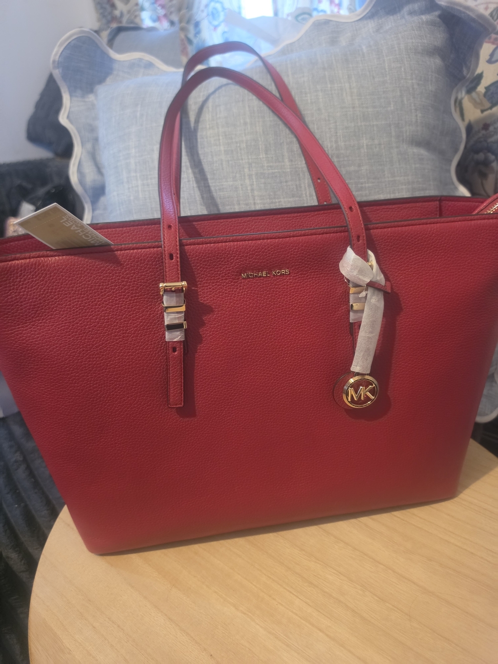Michael Kors Red Pebbled Leather Tote with Gold Accents